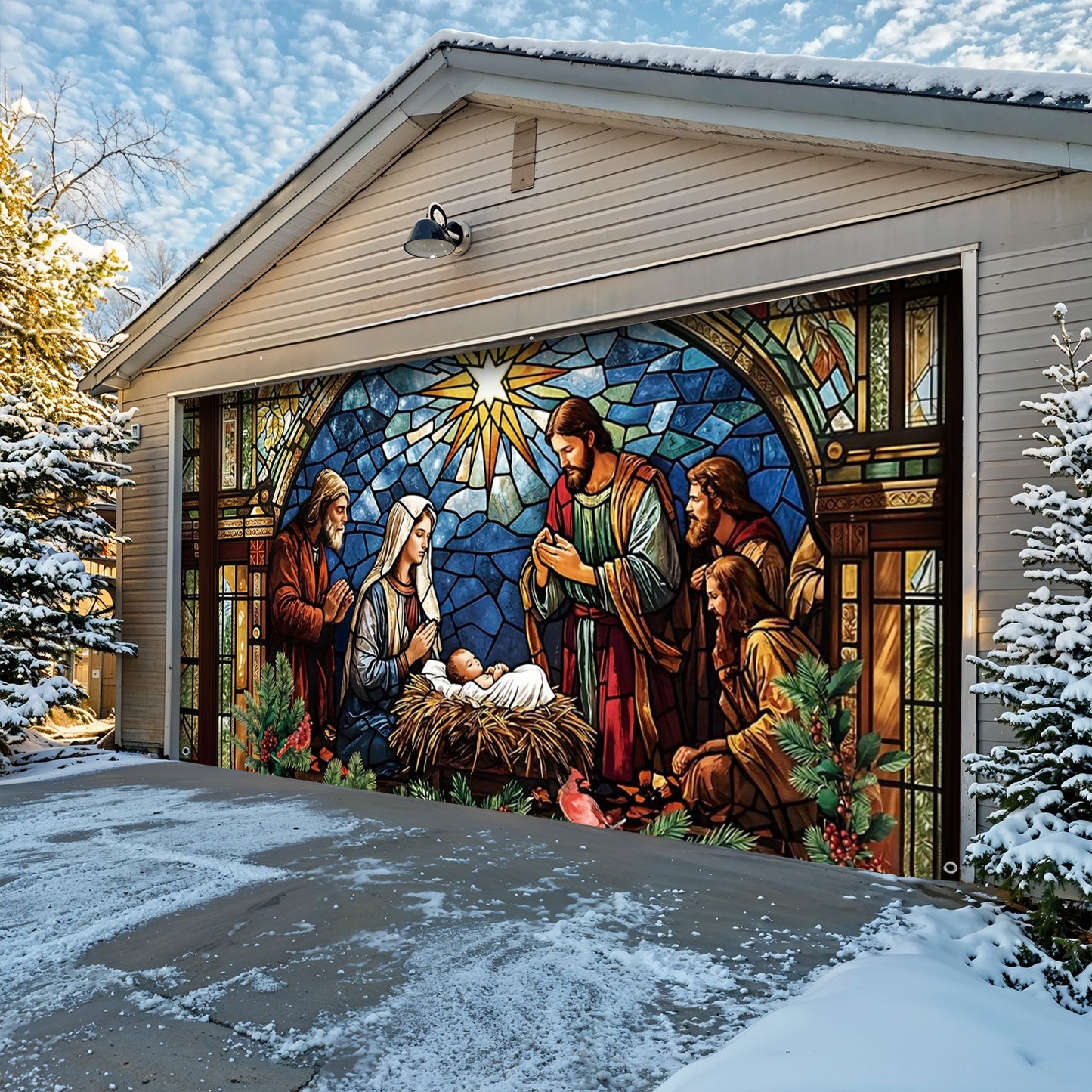 God Garage Door Banner Decoration - The Holy Night in Stained Glass