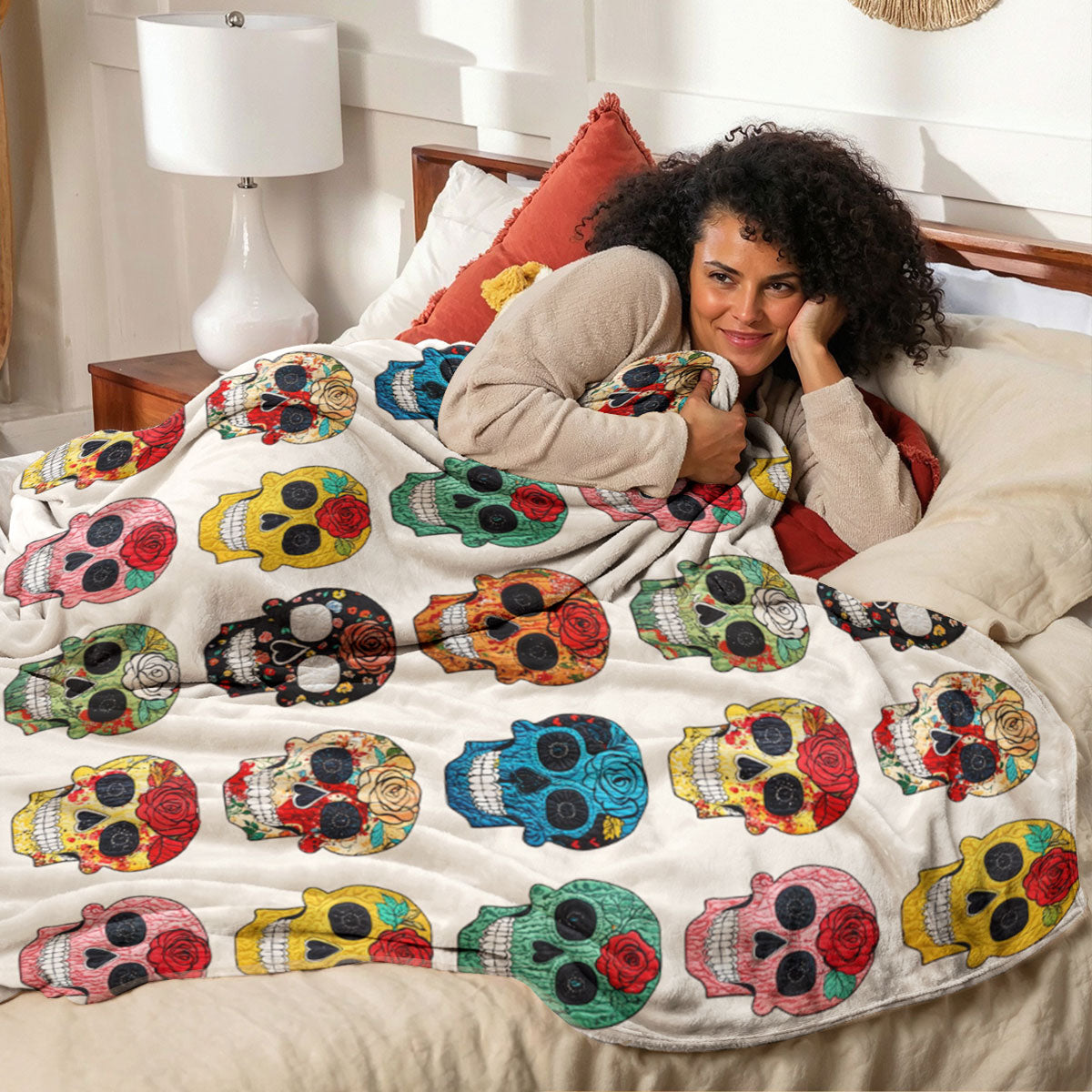 Skull Fleece Blanket Colorful Rose Sugar Skulls