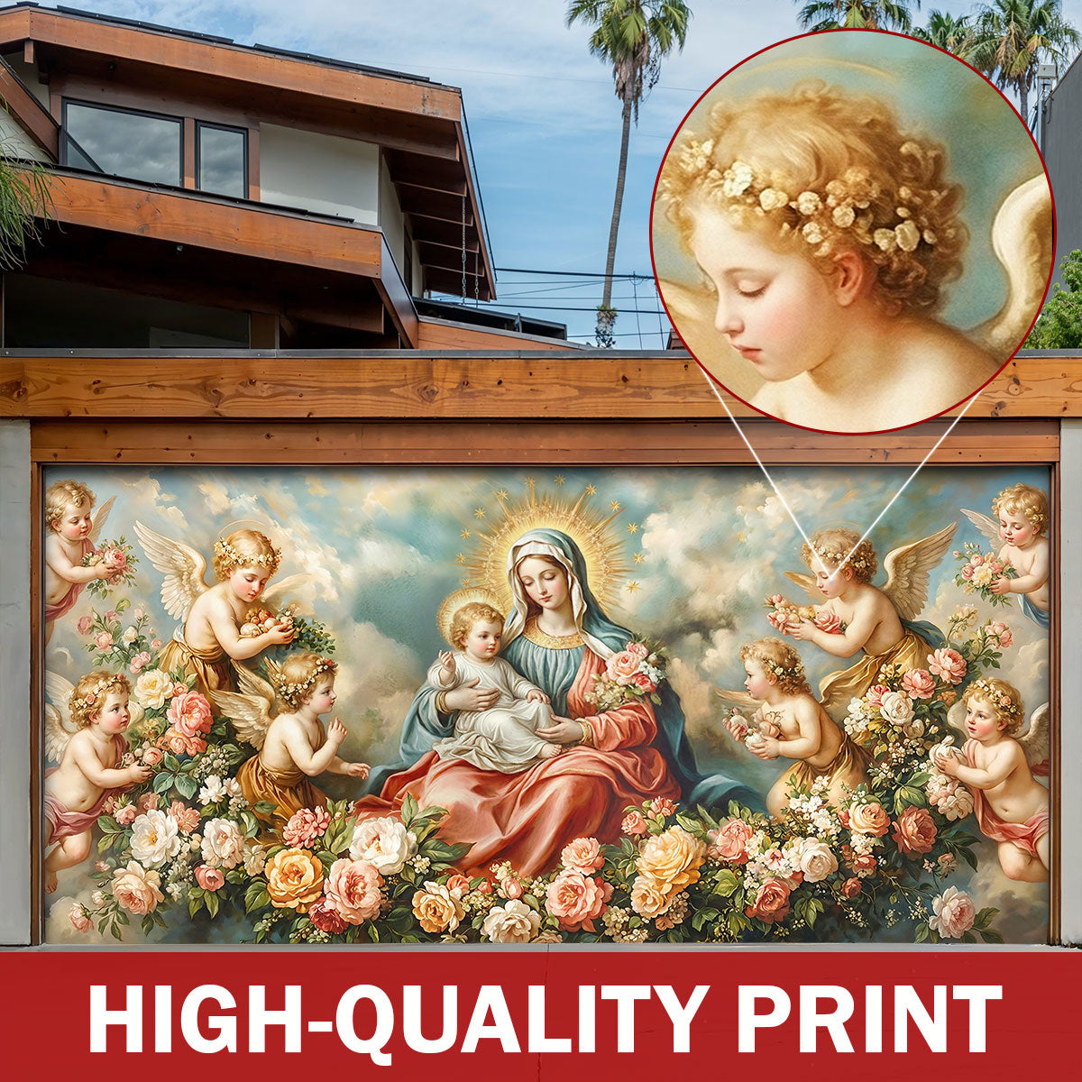 Virgin Mary Garage Door Banner Decoration - Divine Motherhood in a Garden of Angels