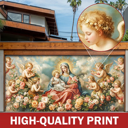 Virgin Mary Garage Door Banner Decoration - Divine Motherhood in a Garden of Angels