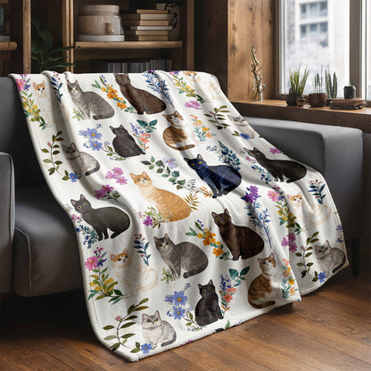Cat Fleece Blanket Charming Floral Cats