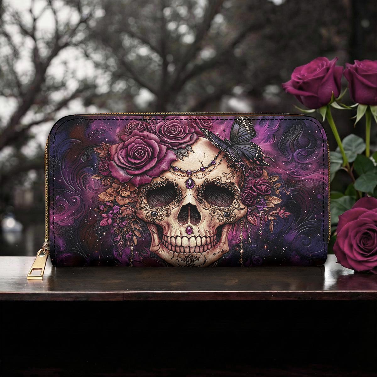 Skull Leather Wallet Midnight Bloom Violet Rose Gothic Skull