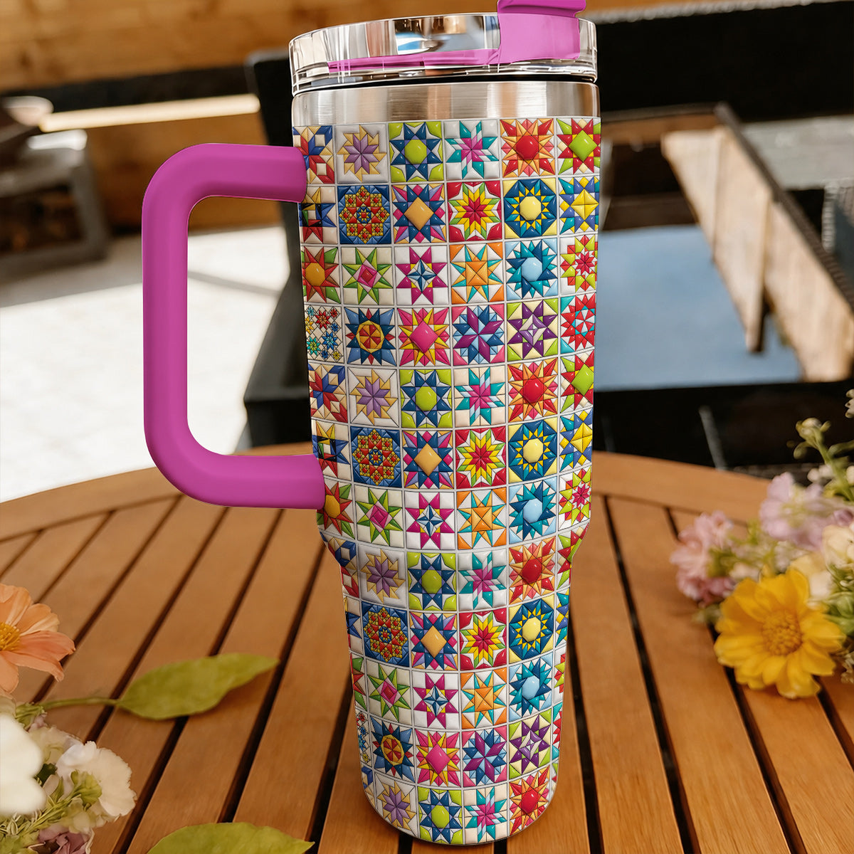Sewing Lover 40 oz Tumbler Colorful Star Quilt Blocks