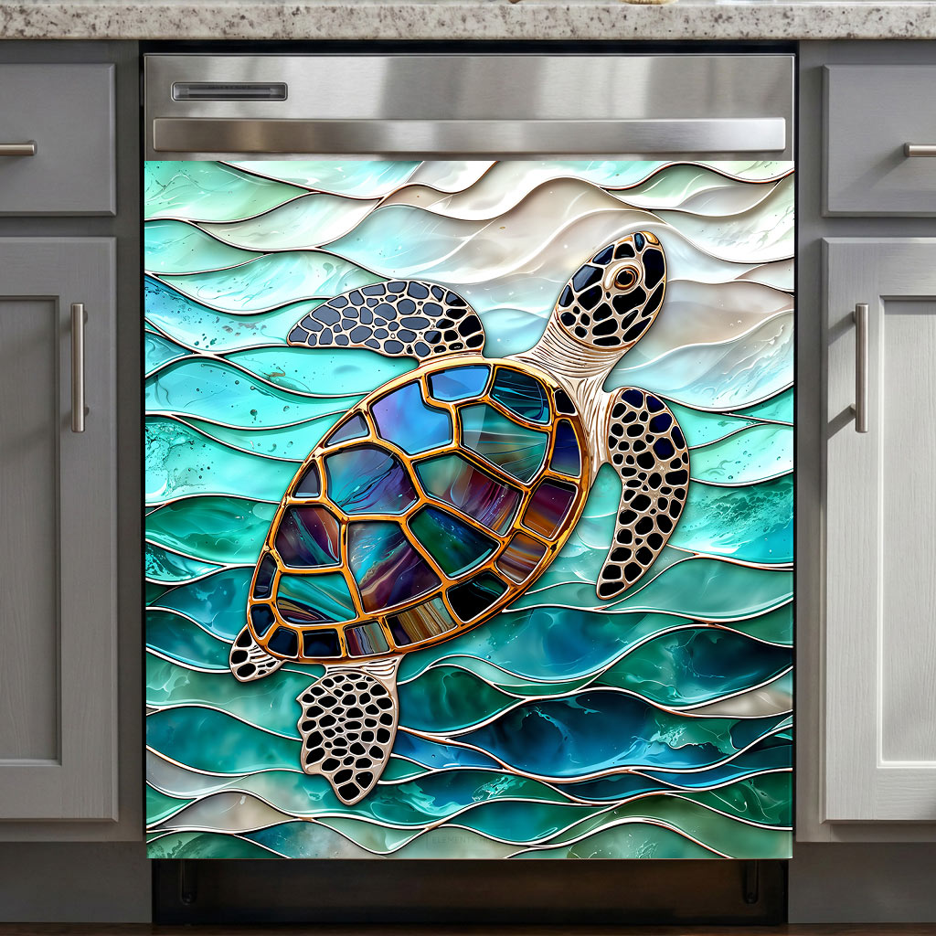 Sea Turtle Magnetic Dishwasher Cover Iridescent Sea Turtle In Turquoise Tides