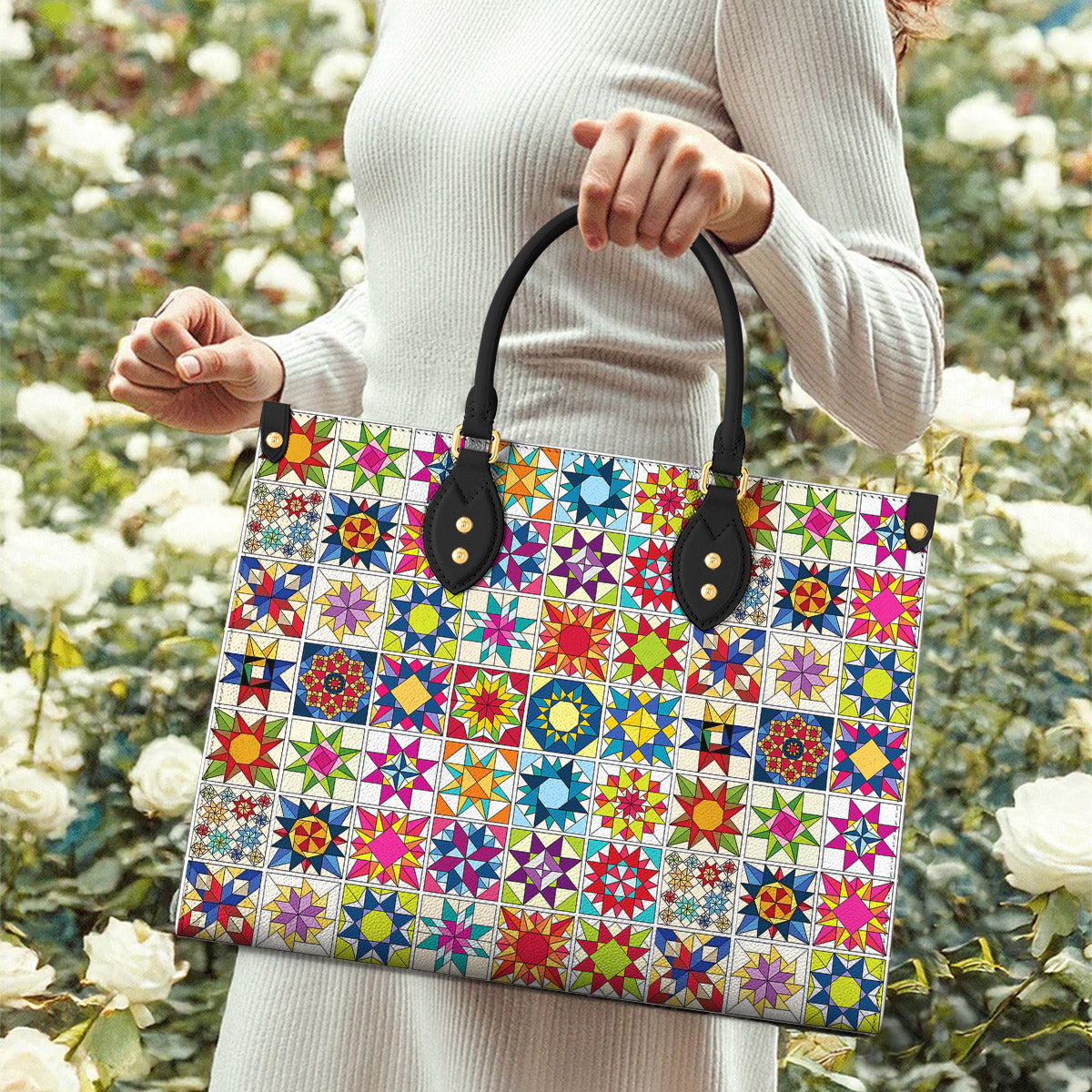 Sewing Lover Leather Handbag Colorful Quilt Blocks