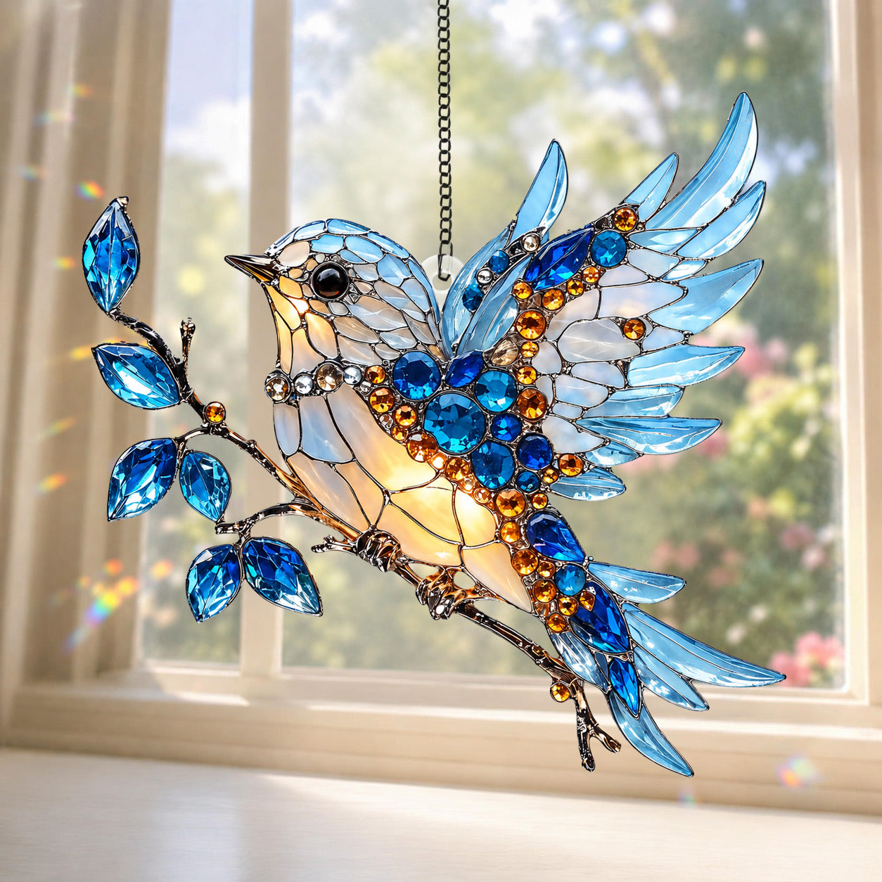 Jeweled Bluebird Garden Glass Suncatcher – Bird Lover Gift & Window Décor