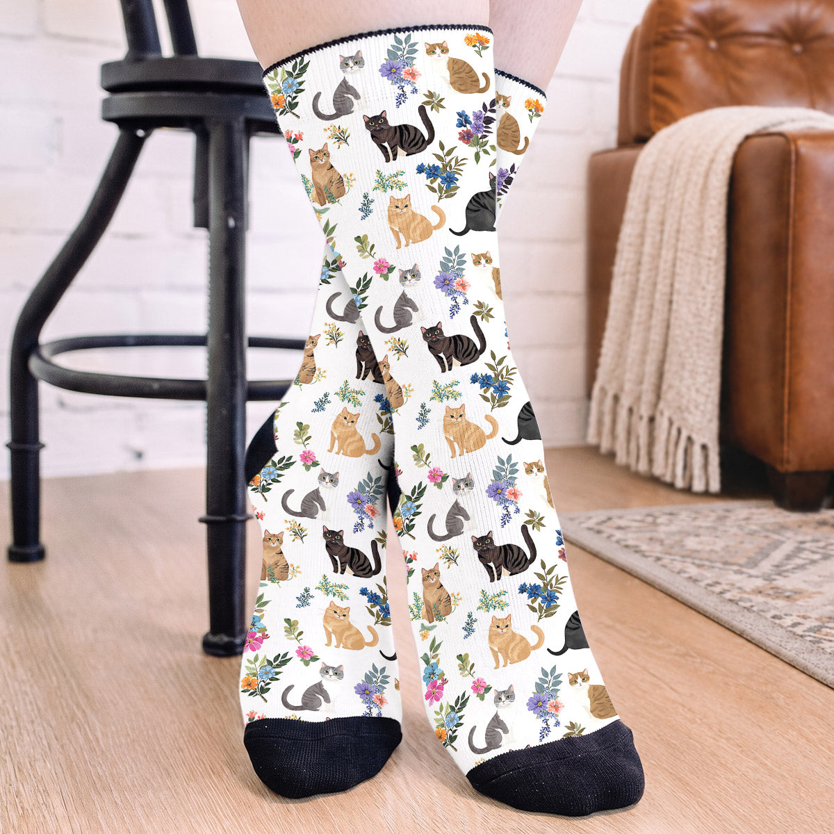 Cat Crew Socks Cute Floral Cats