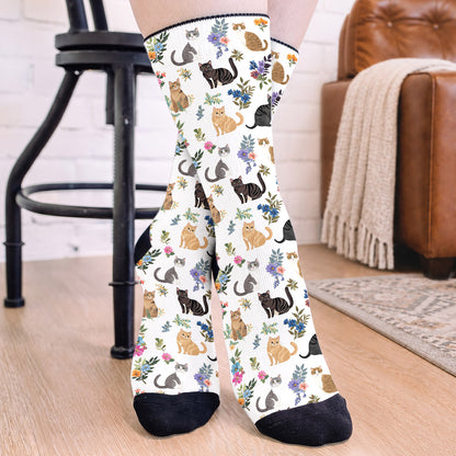 Cat Crew Socks Cute Floral Cats