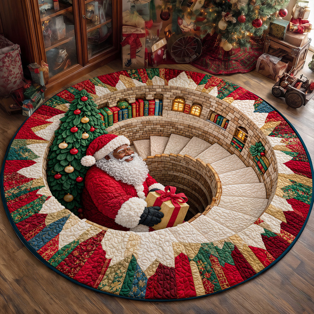 Christmas Round Rug - Black Santa’s Magical Staircase
