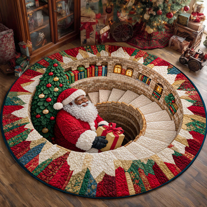 Christmas Round Rug - Black Santa’s Magical Staircase