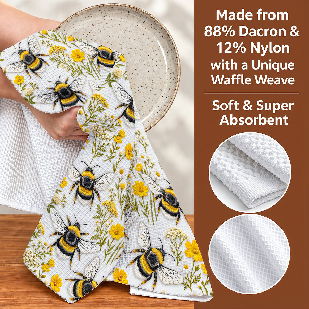 Bee Kitchen Towel Golden Bumblebees & Wildflower Meadow