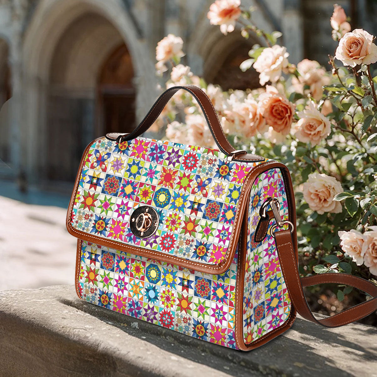 Sewing Lover Satchel Handbag Colorful Quilt Blocks