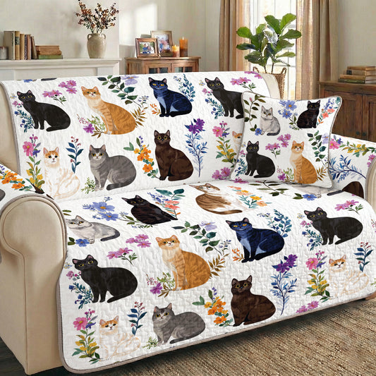 Cat Quilted Sofa Cover Charming Floral Cats