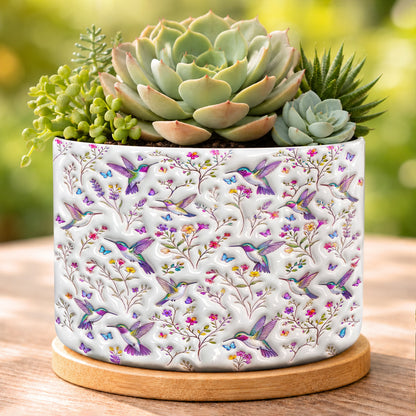 Hummingbird Lovers Ceramic Plant Pot With Bamboo Tray Celestial Hummingbird Nectar Reverie
