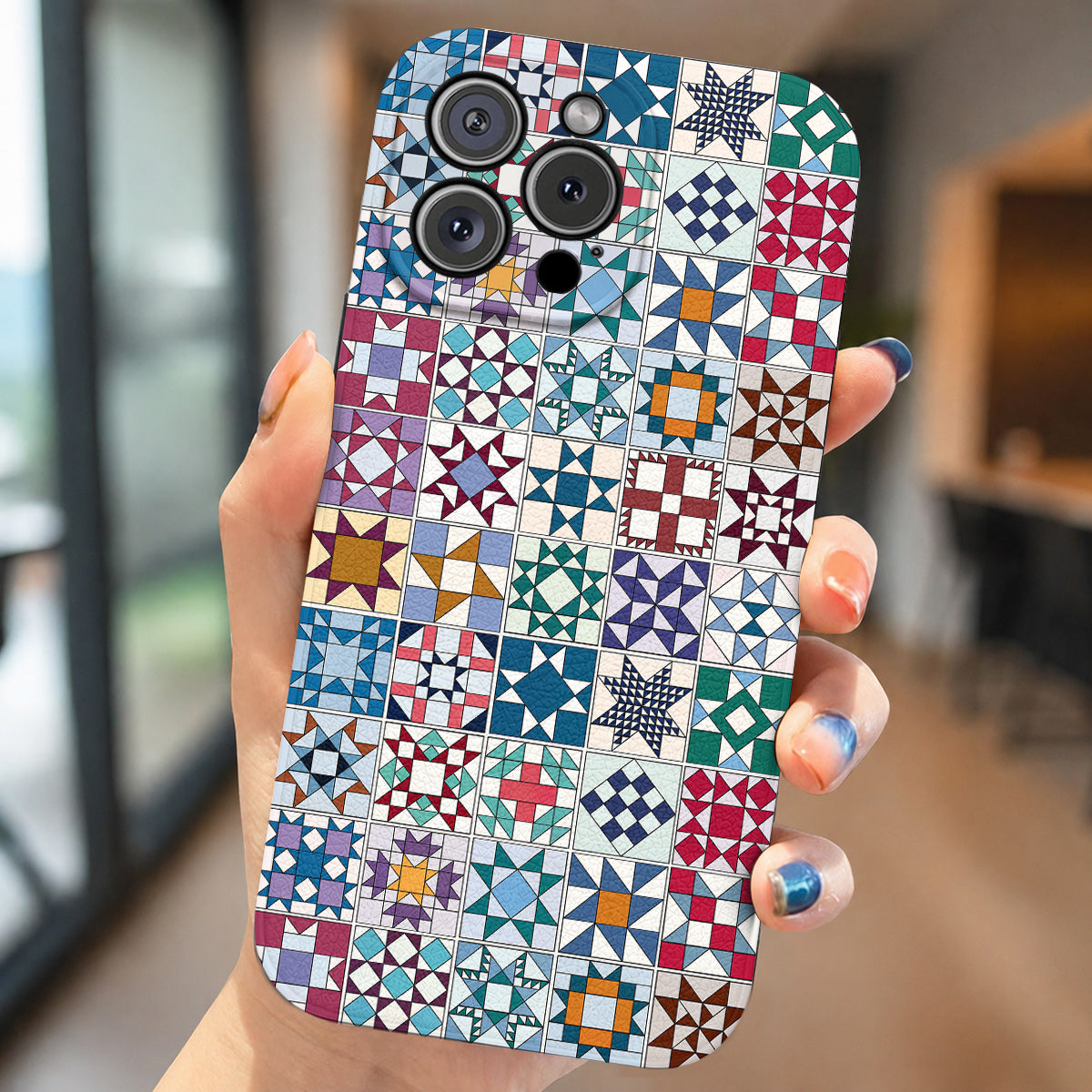 Sewing Lover Leather Phone Case Traditional Quilt Blocks