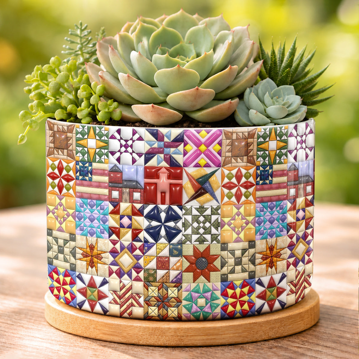 Sewing Lover Ceramic Plant Pot with Bamboo Tray Quilt Blocks