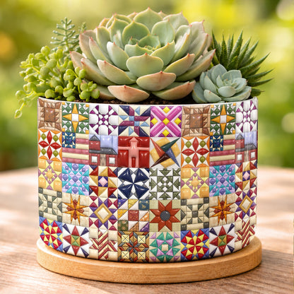 Sewing Lover Ceramic Plant Pot with Bamboo Tray Quilt Blocks