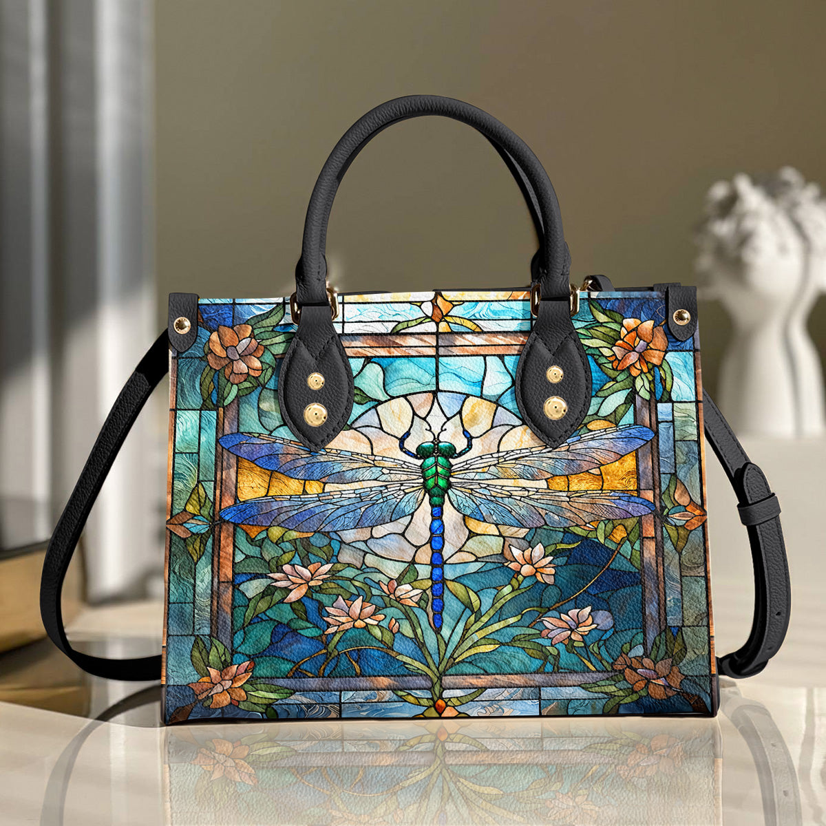 Drafonfly Leather Handbag Dragonfly Grace In Stained Glass