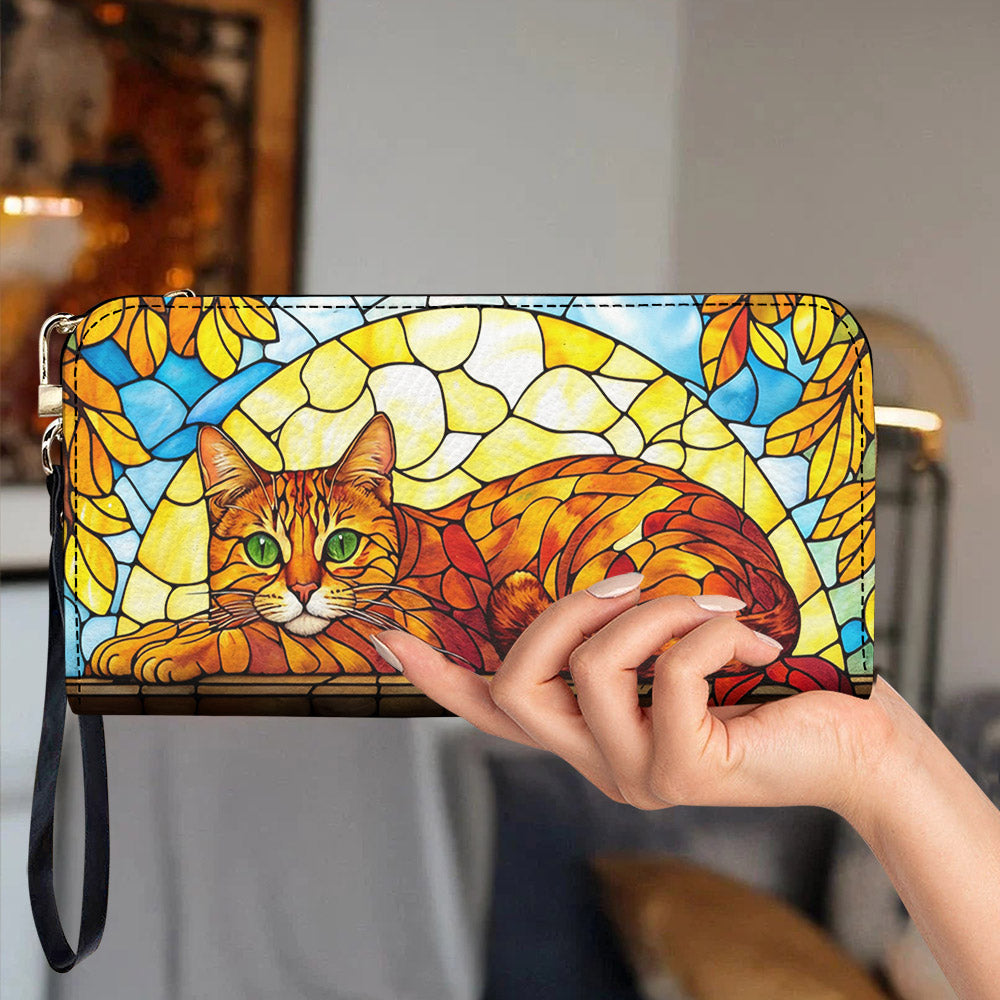 Cat Leather Wallet Stained Glass Sunlit Cat