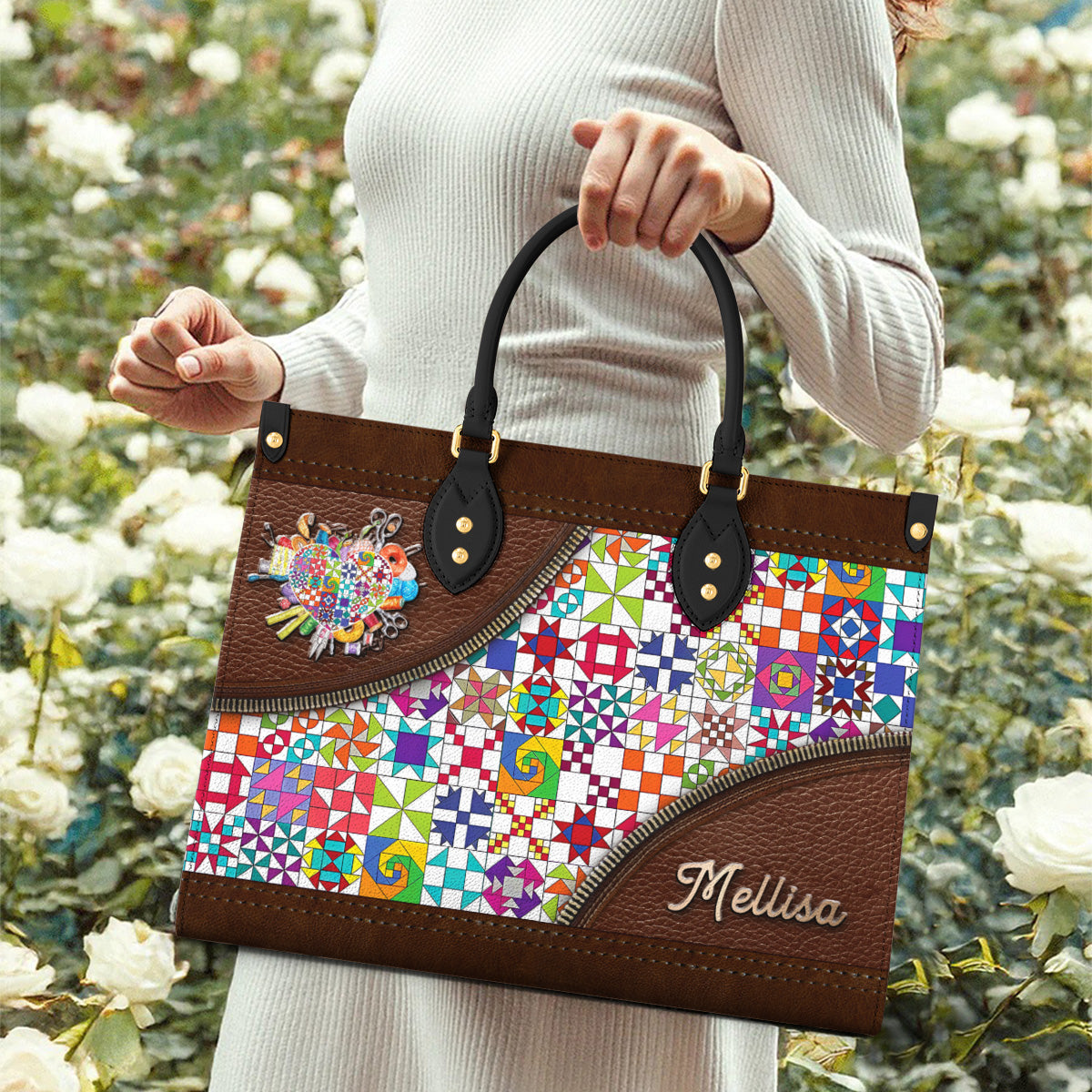 Sewing Lover Leather Handbag Personalized ColorBust Quilt Blocks