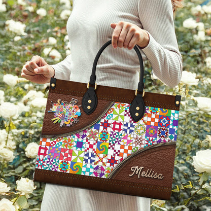 Sewing Lover Leather Handbag Personalized ColorBust Quilt Blocks