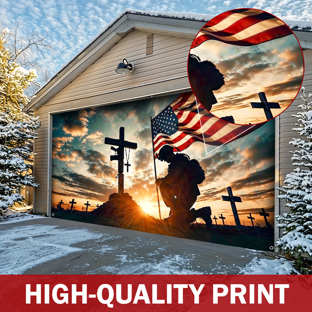 Christian Patriotic Garage Door Banner Decoration Kneel In Faithful Remembrance