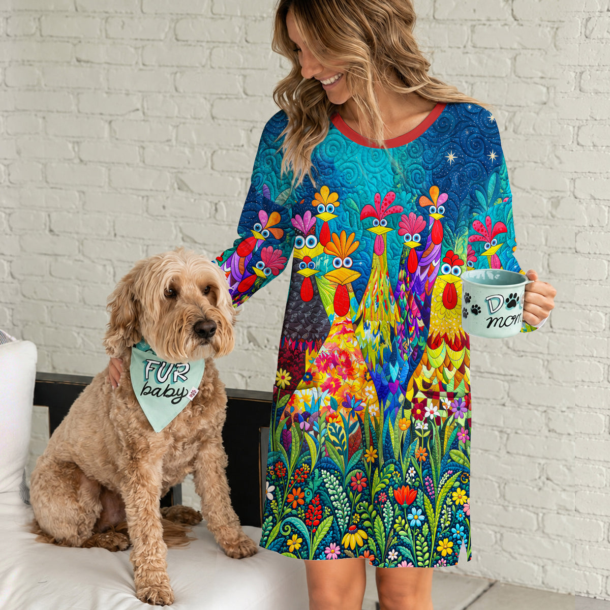 Chicken Long Sleeve Tunic With Pockets Colorful Chicken Garden