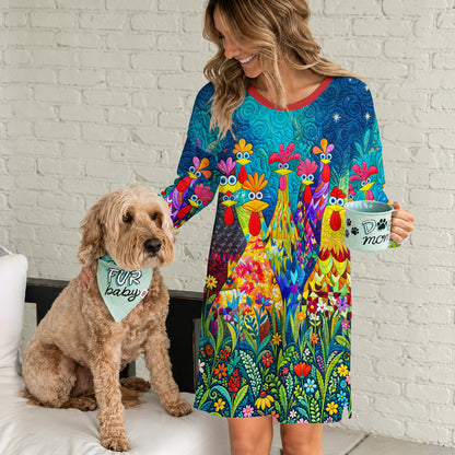 Chicken Long Sleeve Tunic With Pockets Colorful Chicken Garden