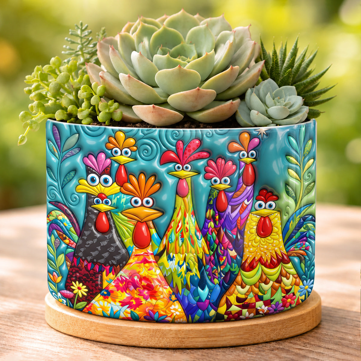 Chicken Ceramic Plant Pot with Bamboo Tray Colorful Chicken Garden