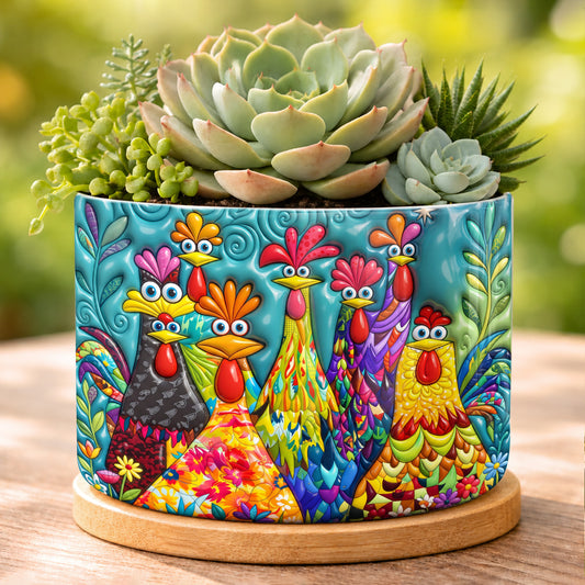Chicken Ceramic Plant Pot with Bamboo Tray Colorful Chicken Garden