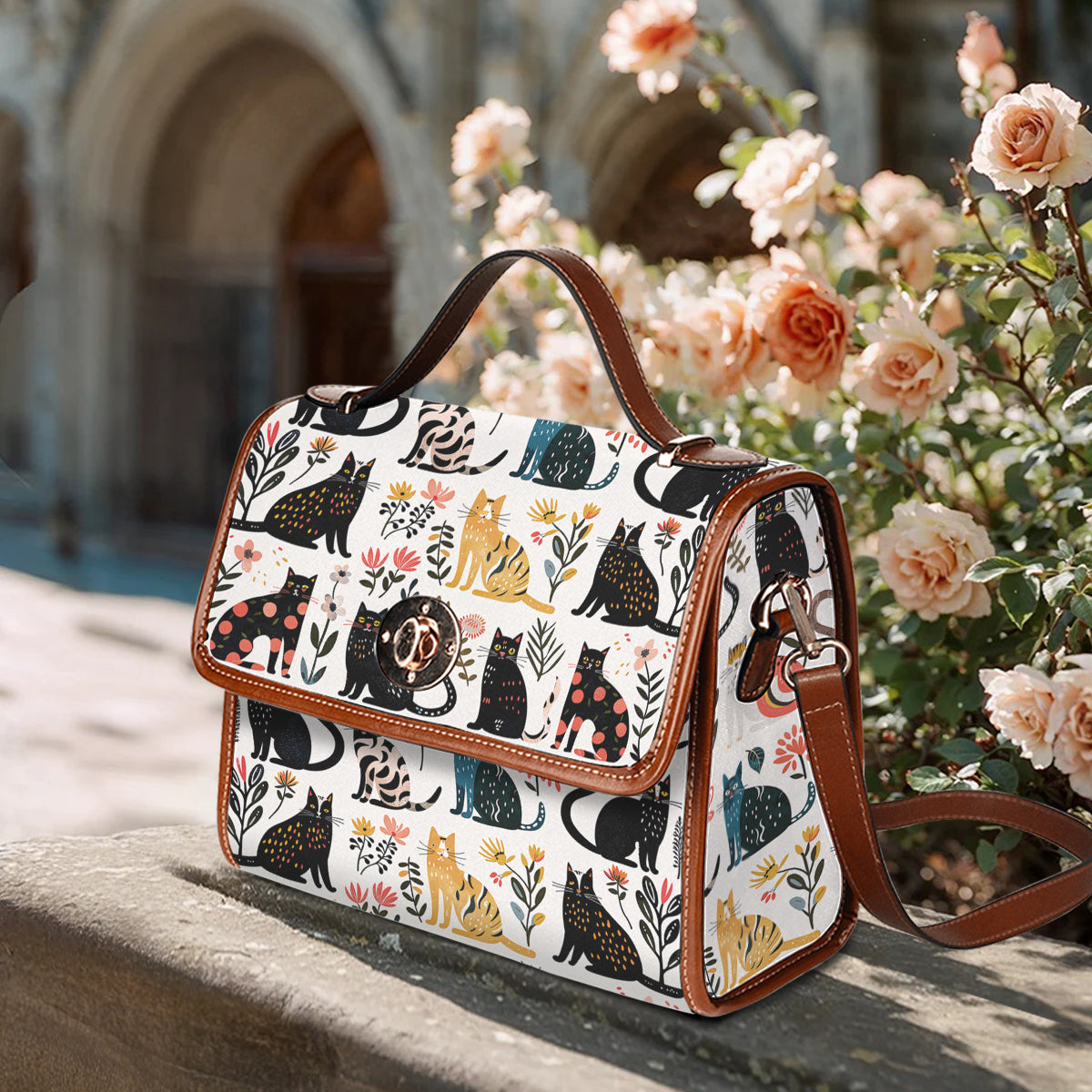 Cat Lover Satchel Handbag Botanical Cat Bliss