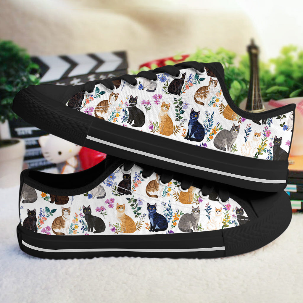 Cat Women's Low Top Shoes Charming Floral Cats