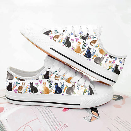 Cat Women's Low Top Shoes Charming Floral Cats