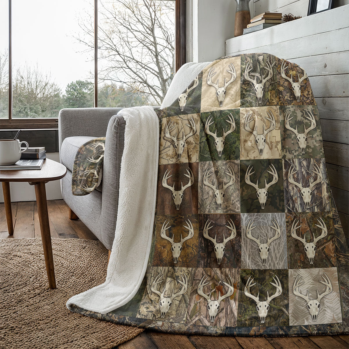 Deer Hunting Fleece Blanket Whitetail Patchwork Lodge
