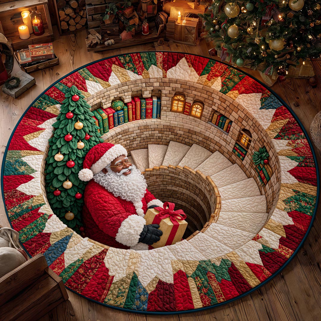 Christmas Round Rug - Black Santa’s Magical Staircase