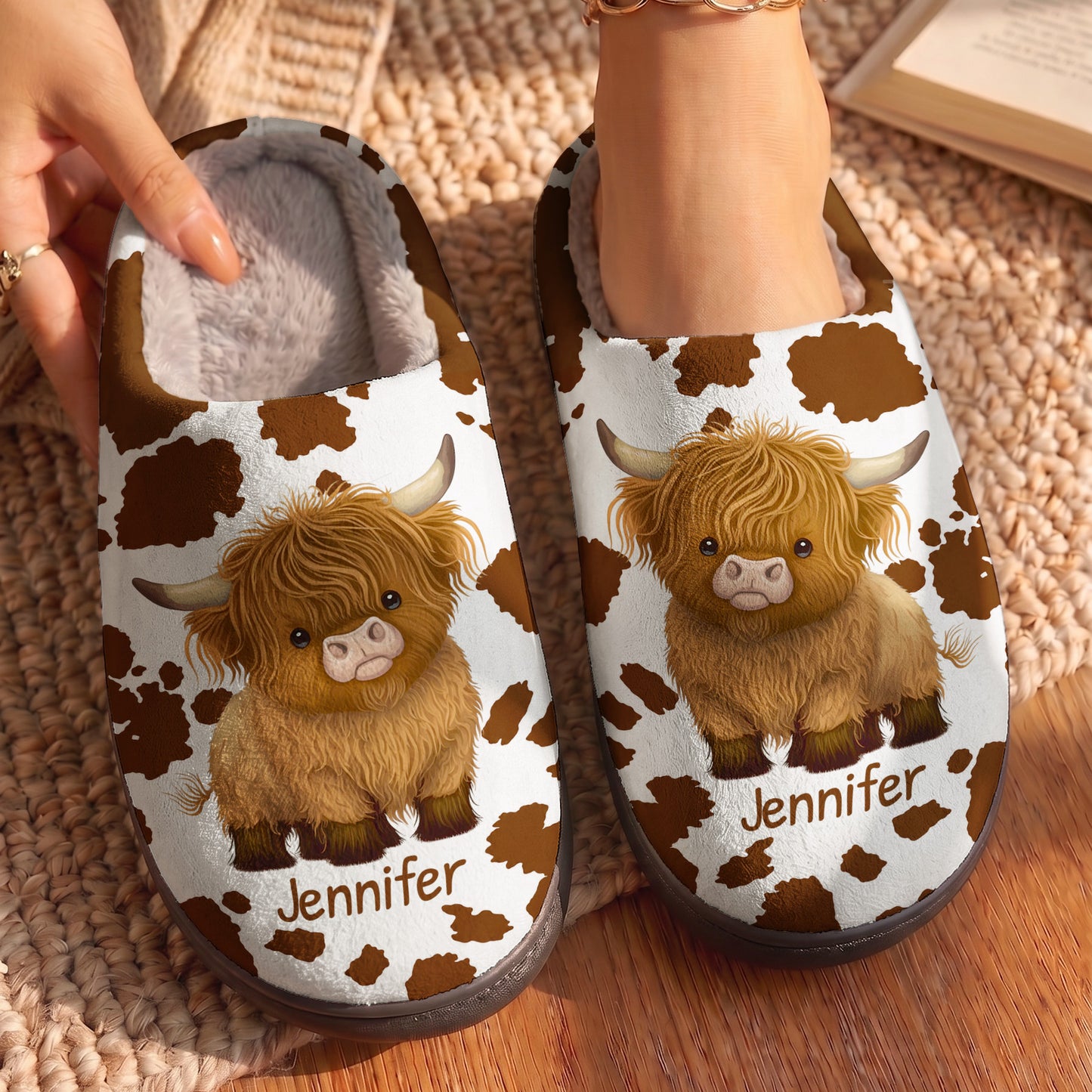 Highland Cow Fleece Lined Slippers Personalized Cowhide Spots