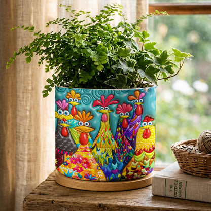 Chicken Ceramic Plant Pot with Bamboo Tray Colorful Chicken Garden