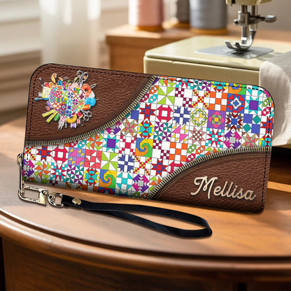 Sewing Lover Leather Wallet Personalized ColorBust Quilt Blocks