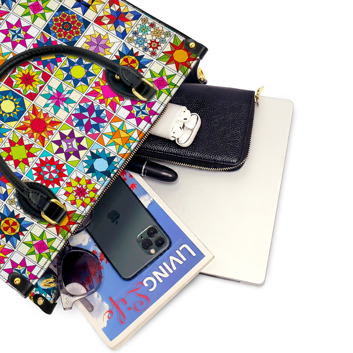 Sewing Lover Leather Handbag Colorful Quilt Blocks