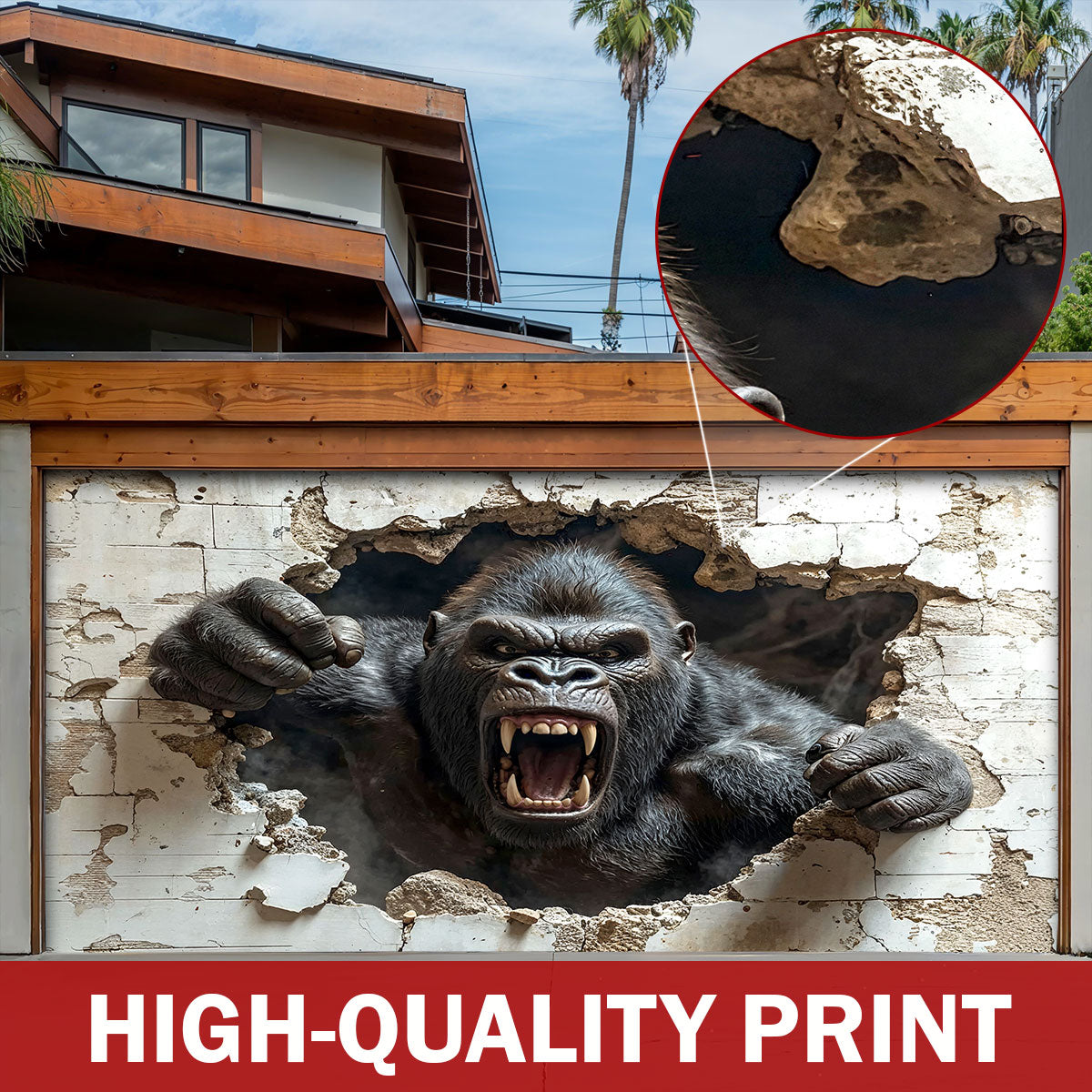 Wall Break Garage Door Banner Decoration - Gorilla Breaks The Barrier