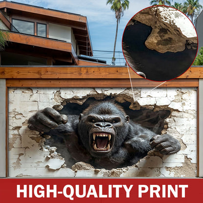 Wall Break Garage Door Banner Decoration - Gorilla Breaks The Barrier
