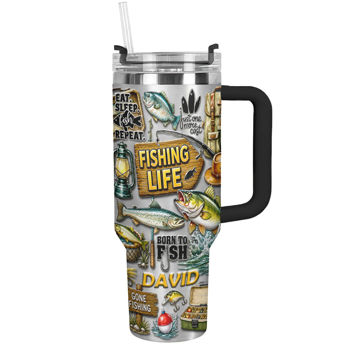 Personalized Fishing Tumbler 40 Oz with Handle – Fisherman Gift, Fishing Lover Travel Mug
