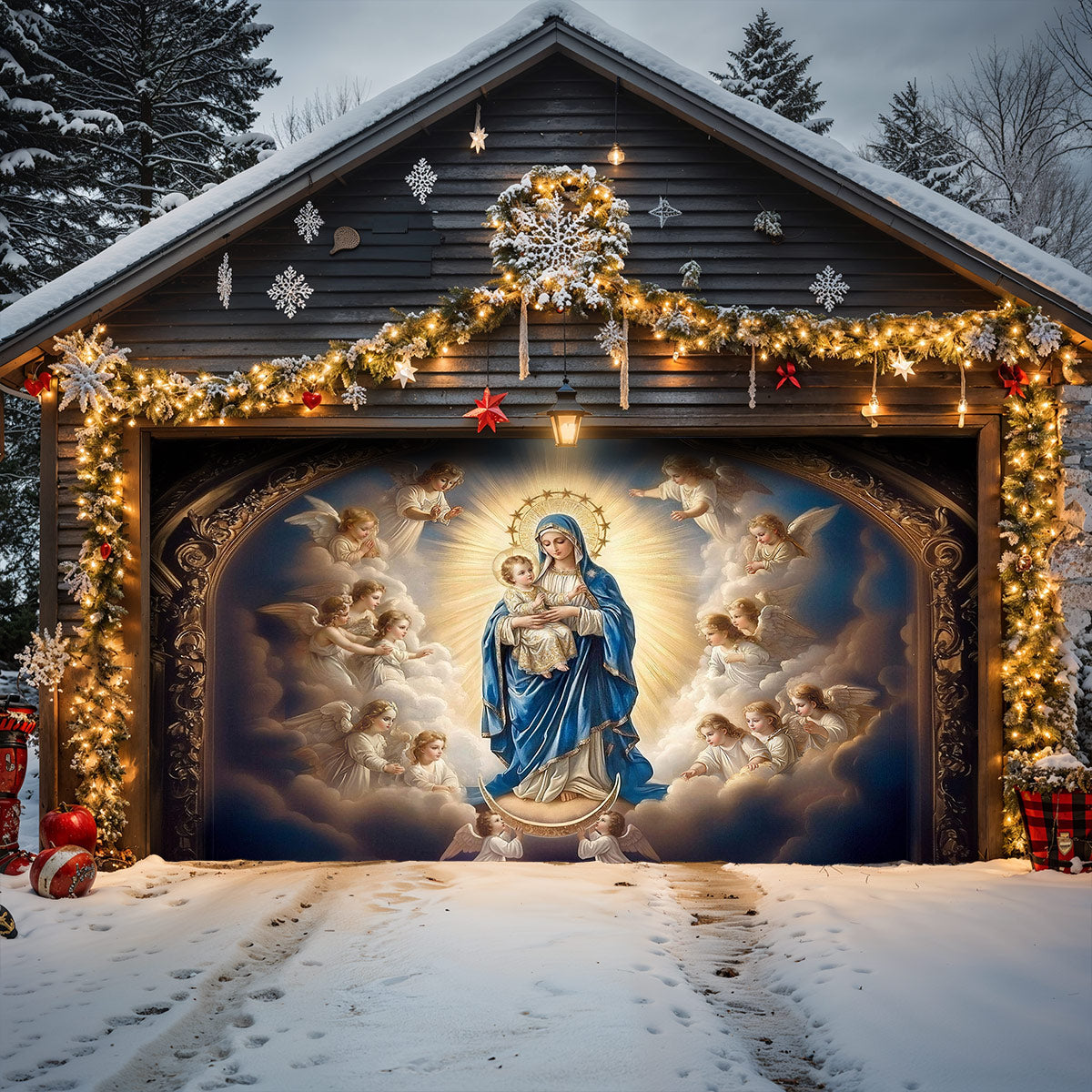 God Garage Door Banner Decoration -  Mary and the Child Jesus in Heavenly Radiance