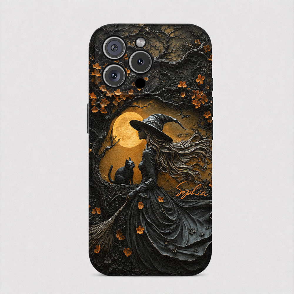 Witch Beneath the Autumn Moon Personalized Leather Phone Case Halloween Gift