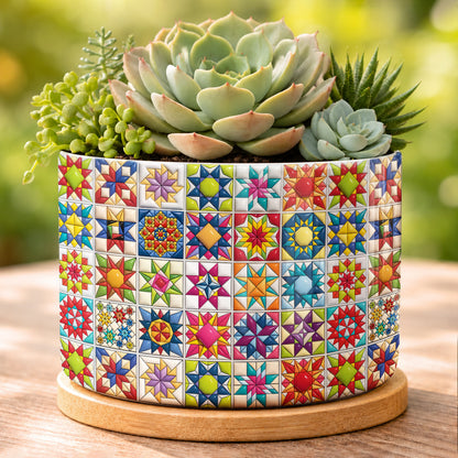 Sewing Lover Ceramic Plant Pot with Bamboo Tray Colorful Star Quilt Blocks