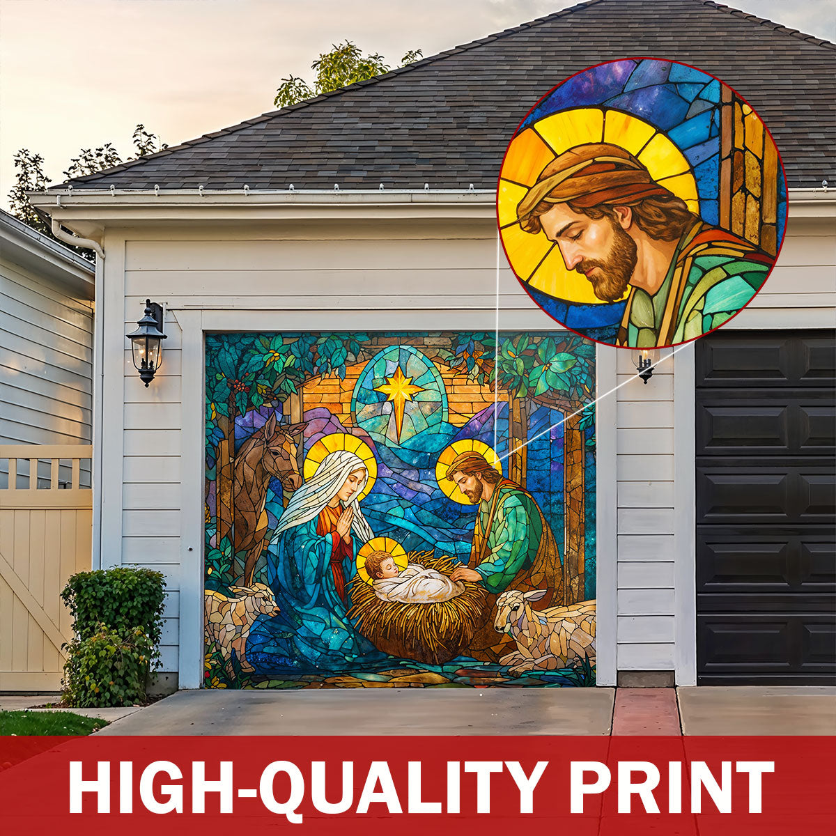 God Garage Door Banner Decoration Stained-Glass Nativity of Light