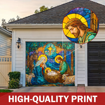 God Garage Door Banner Decoration Stained-Glass Nativity of Light