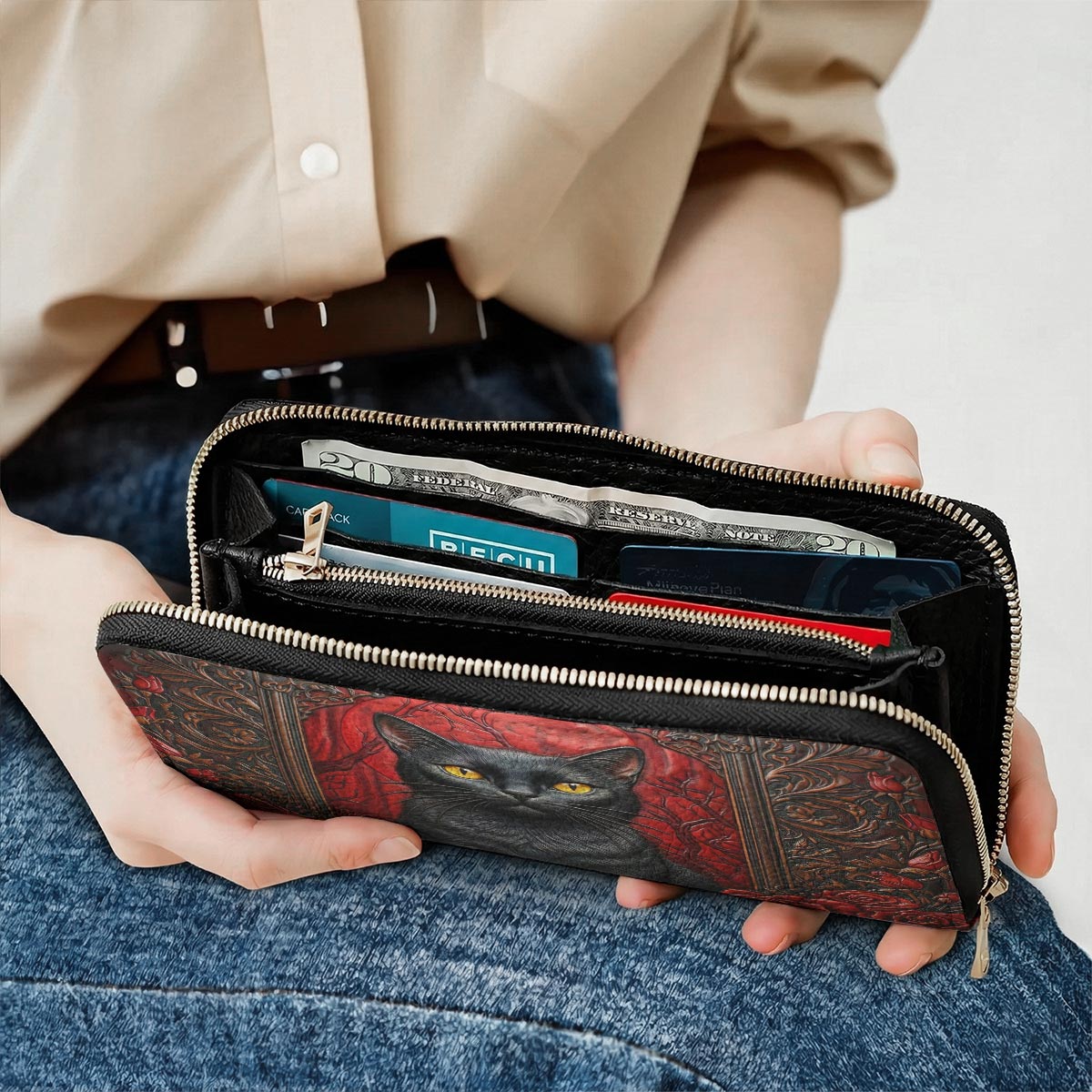 Black Cat Gothic Leather Wallet Blood Moon Cat
