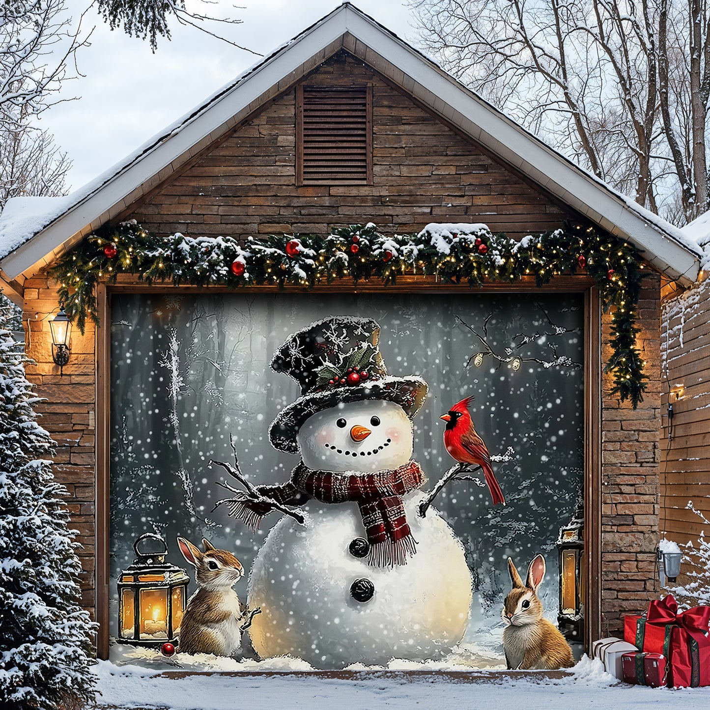 Christmas Garage Door Banner Decoration - Winter Forest Snowman Gathering with Bunnies and Cardinals