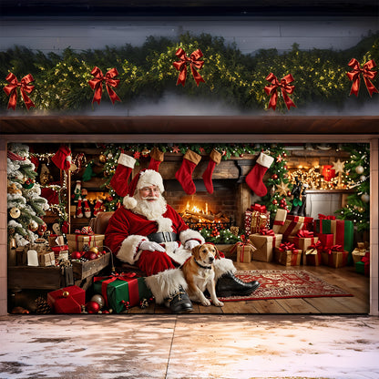 Christmas Garage Door Banner Decoration - Warm Wishes by the Fireplace
